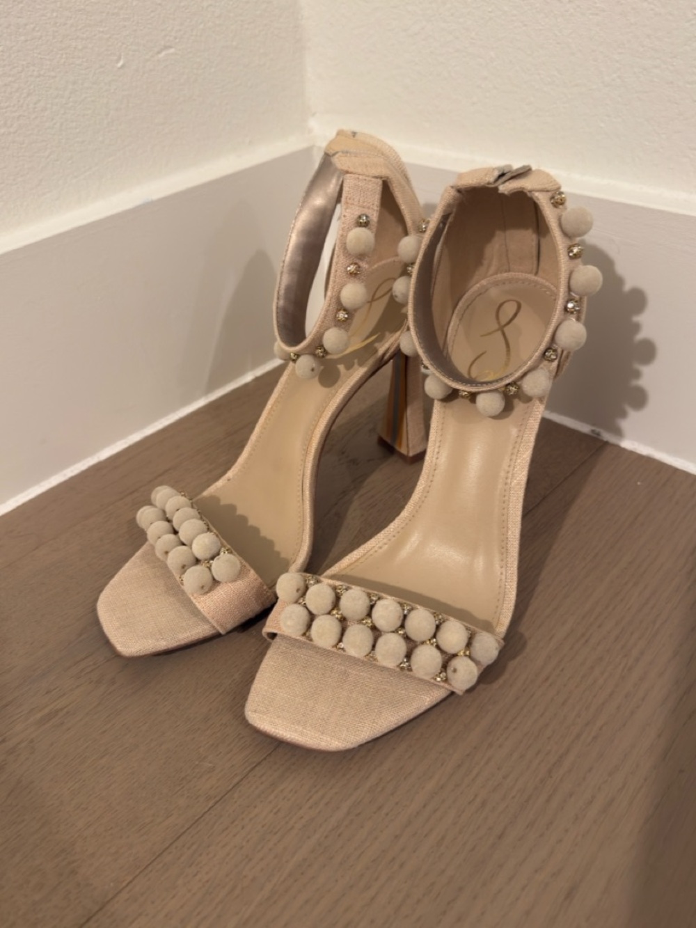 Sam Edelman Beige Pom-Pom Ankle Strap Heels